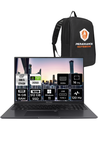 Asus Vivobook 16X K3605ZF-N1159 Harici GeForce RTX 2050 Intel Core i5 12450H 16 GB Ram 512 GB SSD 16 inç Full HD Windows 11 Pro Oyuncu Laptop + PER4 Çanta