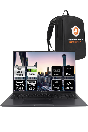Asus Vivobook 16X K3605ZF-N1159 Harici GeForce RTX 2050 Intel Core i5 12450H 24 GB Ram 4 TB SSD 16 inç Full HD FreeDos Oyuncu Laptop + PER4 Çanta