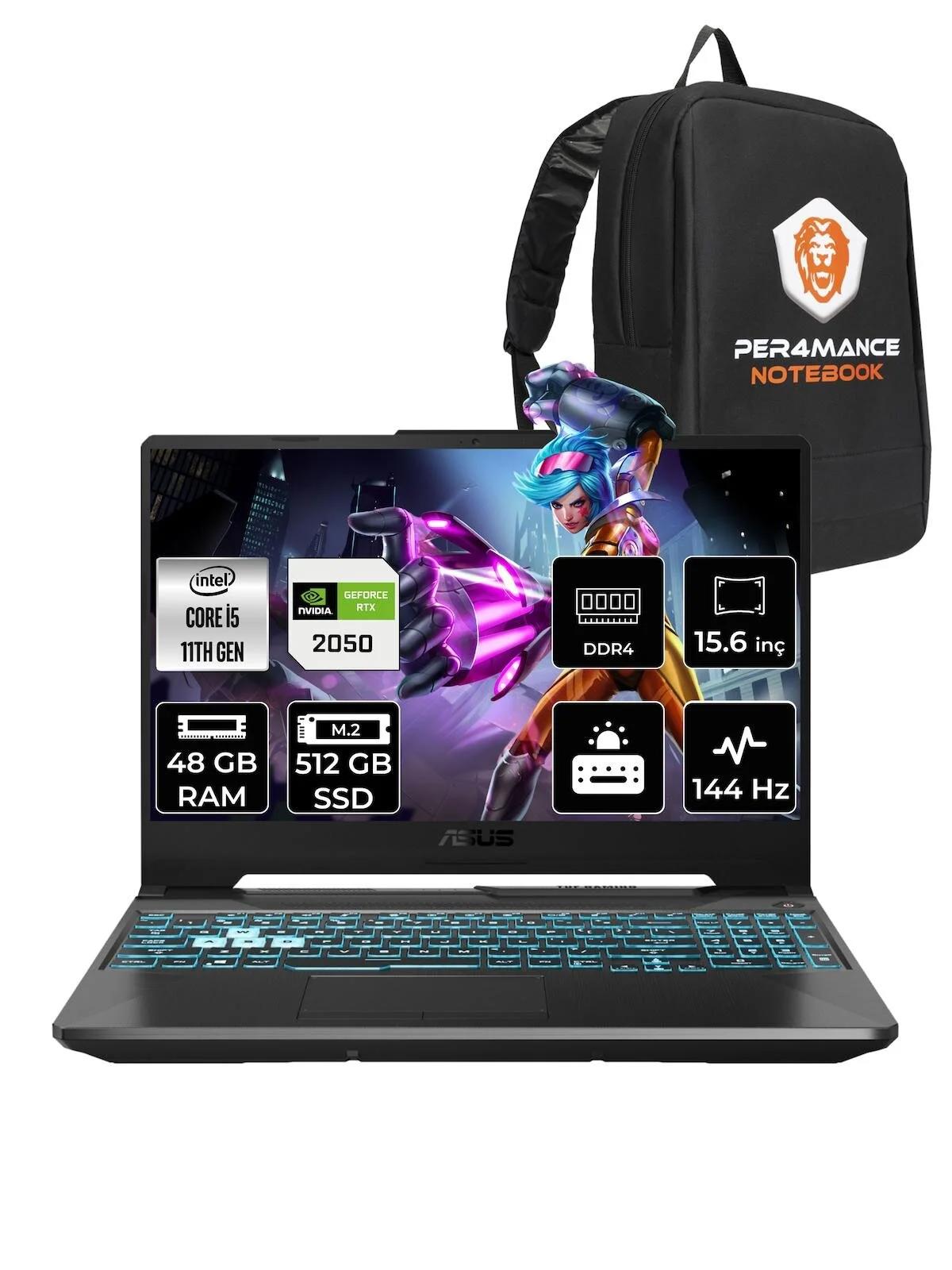 Asus TUF Gaming F15 HN030 Harici GeForce RTX 2050 Intel Core i5 11400H 48 GB Ram 512 GB SSD 15.6 inç Full HD FreeDos Oyuncu Laptop + PER4 Çanta