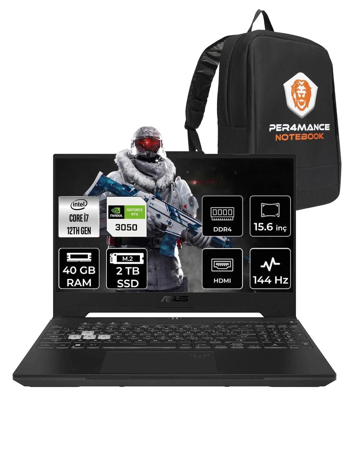 Asus TUF Gaming F15 HN010 Harici GeForce RTX 3050 Intel Core i7 12700H 40 GB Ram 2 TB SSD 15.6 inç Full HD FreeDos Oyuncu Laptop + PER4 Çanta