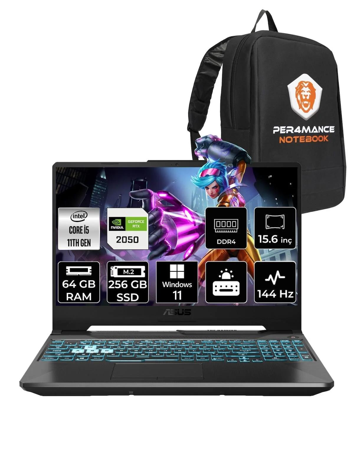 Asus TUF Gaming F15 HN030 Harici GeForce RTX 2050 Intel Core i5 11400H 64 GB Ram 256 GB SSD 15.6 inç Full HD Windows 11 Pro Oyuncu Laptop + PER4 Çanta