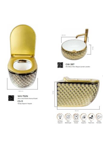 Pure Starx WH-752N 31 cm Seramik Kanalsız Arkadan Çıkışlı Gömme Duvara Sıfır Asma Gömme Klozet Gold + Soft Kapak