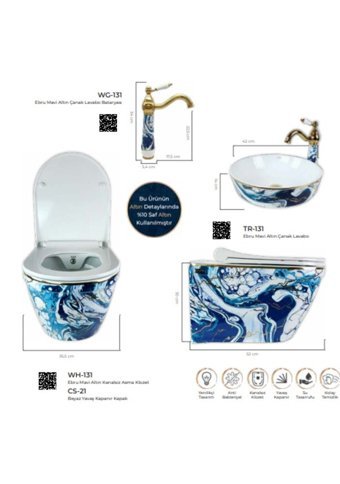 Pure Ebru WH-131 Seramik Kanalsız Gömme Duvara Sıfır Asma Klozet Mavi + Soft Kapak