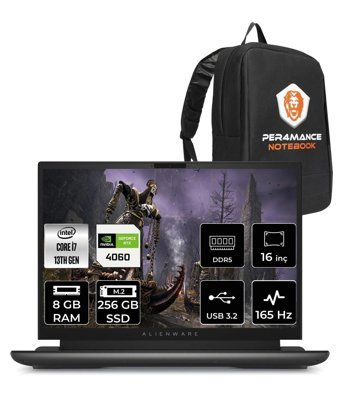 Dell Alienware M16 Harici GeForce RTX 4060 Intel Core i7 13700HX 8 GB Ram 256 GB SSD 16 inç QHD Windows 11 Pro Oyuncu Laptop + PER4 Çanta