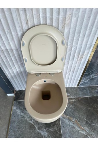 Seramiksan Vokha 55 cm Seramik Kanalsız Gömme Duvara Sıfır Asma Klozet Bej + Amora Slim Droplast Yavaş Kapanan Kapak