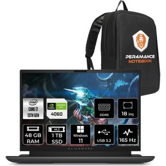 Dell Alienware M18 R1 AWM18I7X80WHP368 Harici GeForce RTX 4060 Intel Core i7 13700HX 48 GB Ram 1 TB SSD 18 inç QHD Windows 11 Pro Oyuncu Laptop + PER4 Çanta