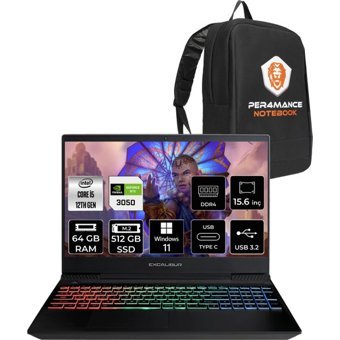 Casper Excalibur G7701245BVJ0XBP447 Harici GeForce RTX 3050 Intel Core i5 12450H 64 GB Ram 512 GB SSD 15.6 inç Full HD Windows 11 Pro Oyuncu Laptop + PER4 Çanta