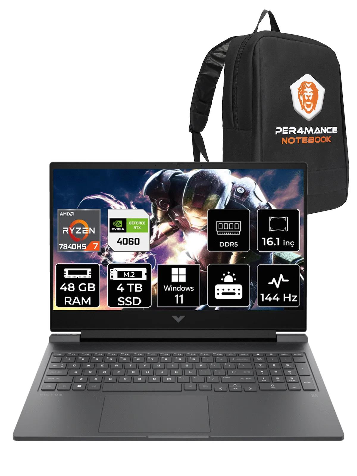 HP Victus 16 892P4EA Harici GeForce RTX 4060 AMD Ryzen 7 7840HS 48 GB Ram 4 TB SSD 16.1 inç Full HD Windows 11 Pro Oyuncu Laptop + PER4 Çanta