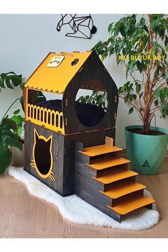 Life Hobi Dikdörtgen 2 Katlı İç Mekan Kedi Evi Ahşap Rengi-Turuncu