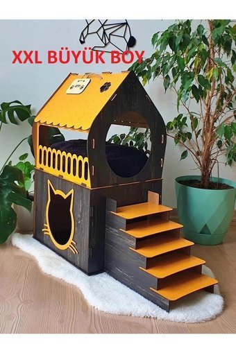 Life Hobi Dikdörtgen 2 Katlı İç Mekan Kedi Evi Ahşap Rengi-Turuncu