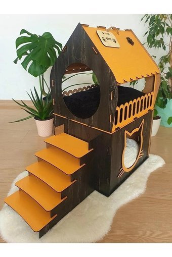 Life Hobi Dikdörtgen 2 Katlı İç Mekan Kedi Evi Ahşap Rengi-Turuncu