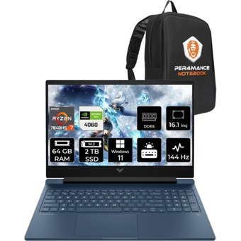 HP Victus 16 7Z586EAPN436 Harici GeForce RTX 4060 AMD Ryzen 7 7840HS 64 GB Ram 2 TB SSD 16.1 inç Full HD Windows 11 Pro Oyuncu Laptop + PER4 Çanta