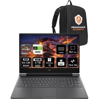 HP Victus 16 892P9EAPN392 Harici GeForce RTX 4050 AMD Ryzen 7 7840HS 64 GB Ram 4 TB SSD 16.1 inç Full HD Windows 11 Home Oyuncu Laptop + PER4 Çanta
