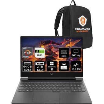 HP Victus 16 892P9EAPN390 Harici GeForce RTX 4050 AMD Ryzen 7 7840HS 64 GB Ram 2 TB SSD 16.1 inç Full HD Windows 11 Home Oyuncu Laptop + PER4 Çanta