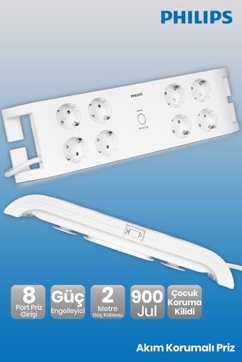 Philips Spn3080B 8'li Soket 2 metre Kablolu Çiftli Akım Korumalı Priz