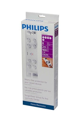 Philips Spn3080B 8'li Soket 2 metre Kablolu Çiftli Akım Korumalı Priz