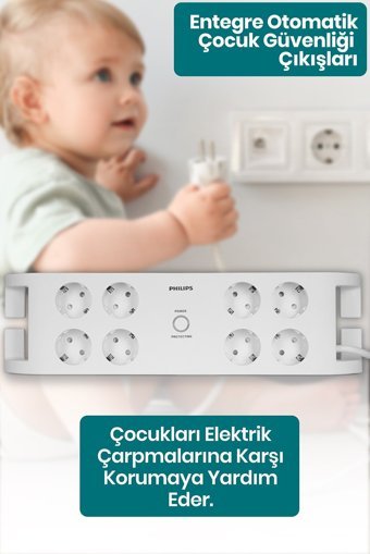 Philips Spn3080B 8'li Soket 2 metre Kablolu Çiftli Akım Korumalı Priz