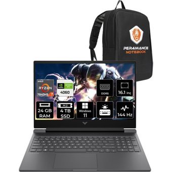 HP Victus 16 892P8EAPN378 Harici GeForce RTX 4060 AMD Ryzen 7 7840HS 24 GB Ram 4 TB SSD 16.1 inç Full HD Windows 11 Home Oyuncu Laptop + PER4 Çanta