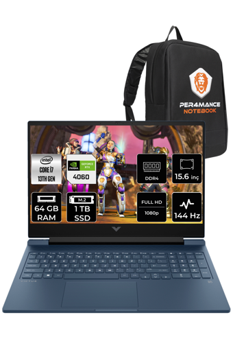 HP Victus 15 8U844EA Harici GeForce RTX 4060 Intel Core i7 13700H 64 GB Ram 1 TB SSD 15.6 inç Full HD FreeDos Oyuncu Laptop + PER4 Çanta
