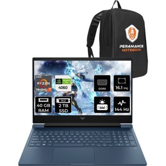 HP Victus 16 7Z586EAPN328 Harici GeForce RTX 4060 AMD Ryzen 7 7840HS 40 GB Ram 2 TB SSD 16.1 inç Full HD FreeDos Oyuncu Laptop + PER4 Çanta