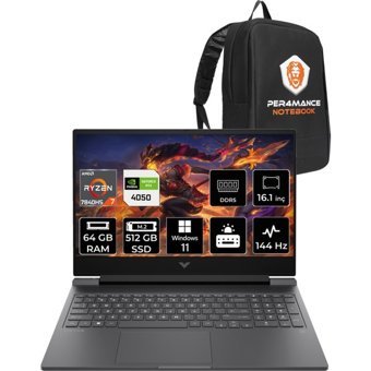 HP Victus 16 892P9EAPN436 Harici GeForce RTX 4050 AMD Ryzen 7 7840HS 64 GB Ram 512 GB SSD 16.1 inç Full HD Windows 11 Pro Oyuncu Laptop + PER4 Çanta