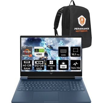 HP Victus 16 7Z586EAPN422 Harici GeForce RTX 4060 AMD Ryzen 7 7840HS 40 GB Ram 512 GB SSD 16.1 inç Full HD Windows 11 Pro Oyuncu Laptop + PER4 Çanta