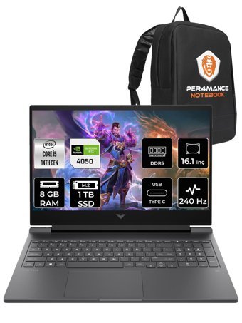 HP Victus 16 9J204EA Harici GeForce RTX 4050 Intel Core i5 14500HX 8 GB Ram 1 TB SSD 16.1 inç QHD FreeDos Oyuncu Laptop + PER4 Çanta