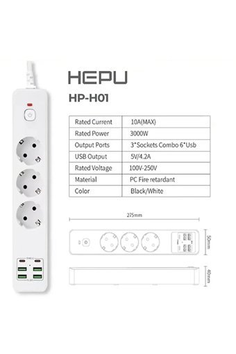 Hepu Hp-H01 3'lü Soket 2 metre 4'lü USB Kablolu Çiftli Akım Korumalı Priz