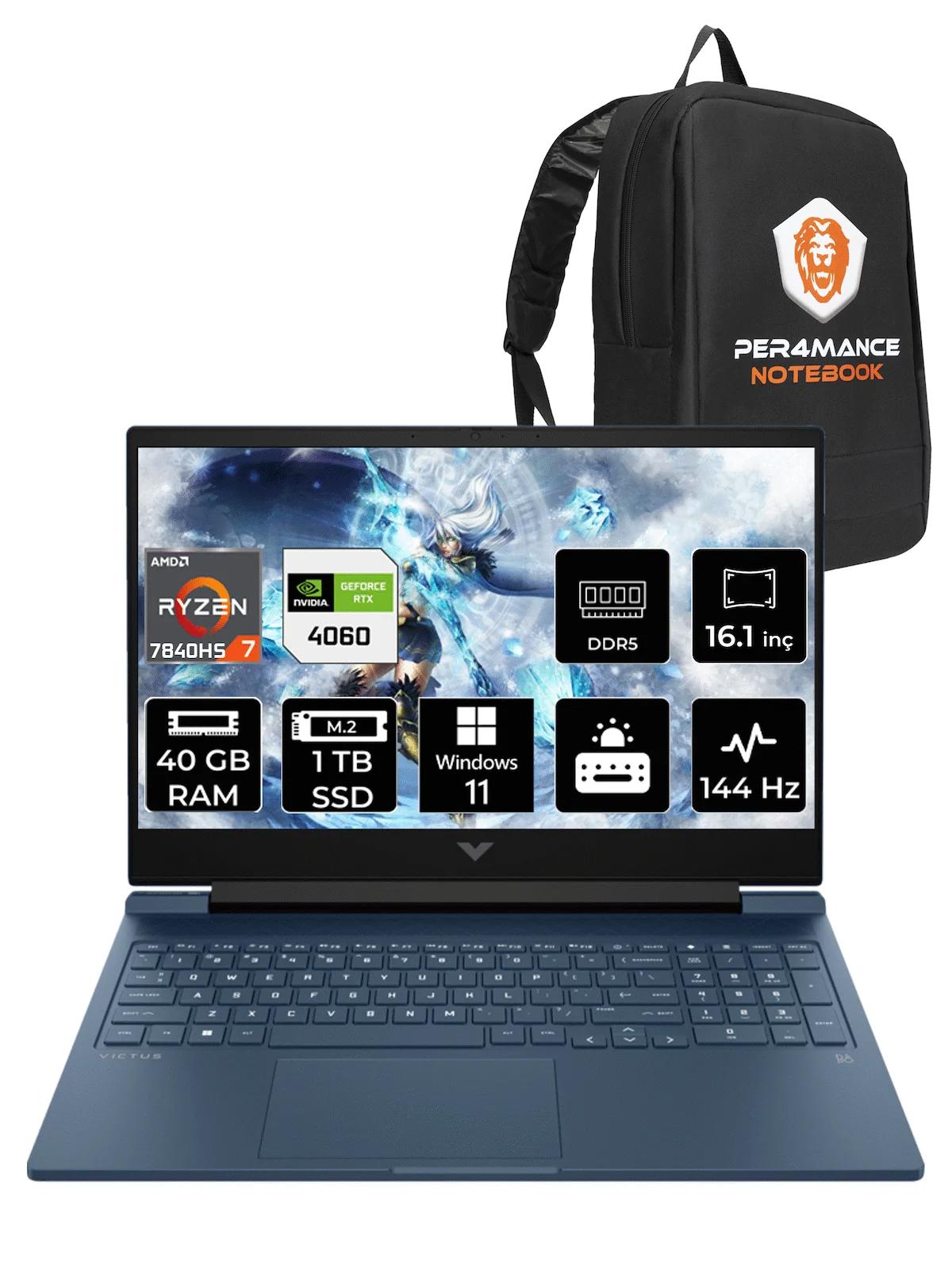 HP Victus 16 7Z586EA Harici GeForce RTX 4060 AMD Ryzen 7 7840HS 40 GB Ram 1 TB SSD 16.1 inç Full HD Windows 11 Home Oyuncu Laptop + PER4 Çanta