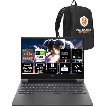HP Victus 16 892P8EAPN450 Harici GeForce RTX 4060 AMD Ryzen 7 7840HS 64 GB Ram 4 TB SSD 16.1 inç Full HD Windows 11 Pro Oyuncu Laptop + PER4 Çanta