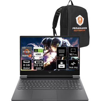 HP Victus 16 892P8EAPN314 Harici GeForce RTX 4060 AMD Ryzen 7 7840HS 8 GB Ram 512 GB SSD 16.1 inç Full HD FreeDos Oyuncu Laptop + PER4 Çanta