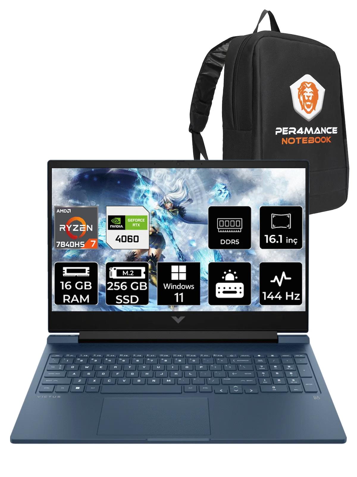 HP Victus 16 7Z586EA Harici GeForce RTX 4060 AMD Ryzen 7 7840HS 16 GB Ram 256 GB SSD 16.1 inç Full HD Windows 11 Home Oyuncu Laptop + PER4 Çanta