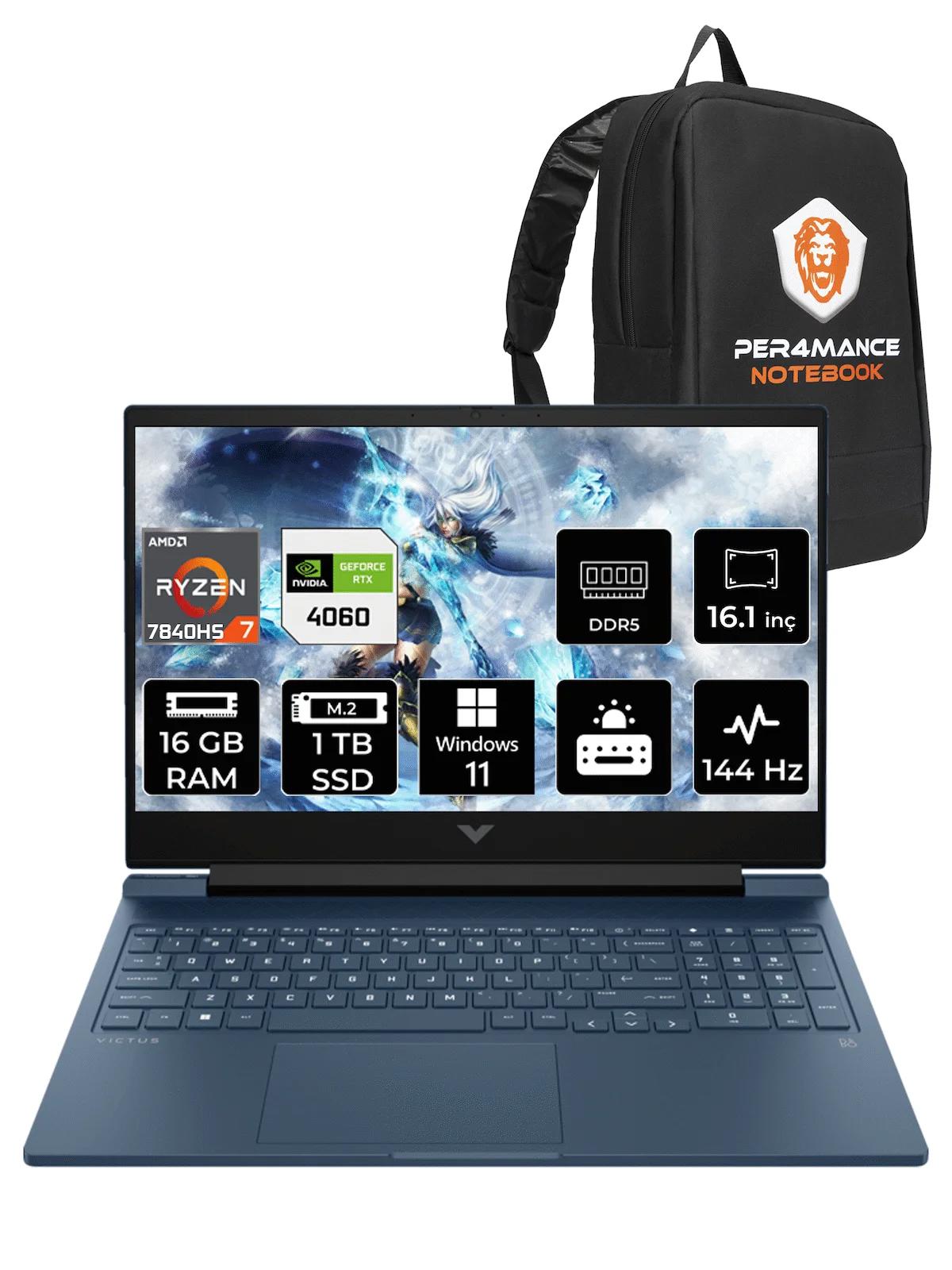 HP Victus 16 7Z586EA Harici GeForce RTX 4060 AMD Ryzen 7 7840HS 16 GB Ram 1 TB SSD 16.1 inç Full HD Windows 11 Home Oyuncu Laptop + PER4 Çanta