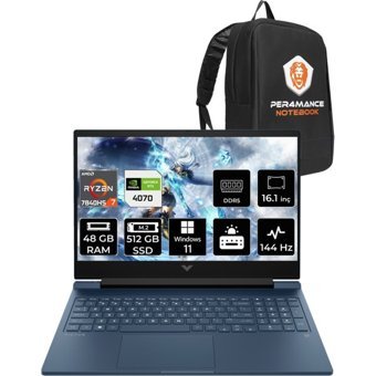 HP Victus 16 8W8A7EAPN440 Harici GeForce RTX 4070 AMD Ryzen 7 7840HS 48 GB Ram 512 GB SSD 16.1 inç Full HD Windows 11 Pro Oyuncu Laptop + PER4 Çanta