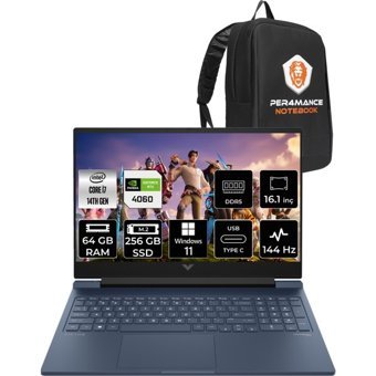 HP Victus 16 9J235EAPN411 Harici GeForce RTX 4060 Intel Core i7 14700HX 64 GB Ram 256 GB SSD 16.1 inç Full HD Windows 11 Pro Oyuncu Laptop + PER4 Çanta