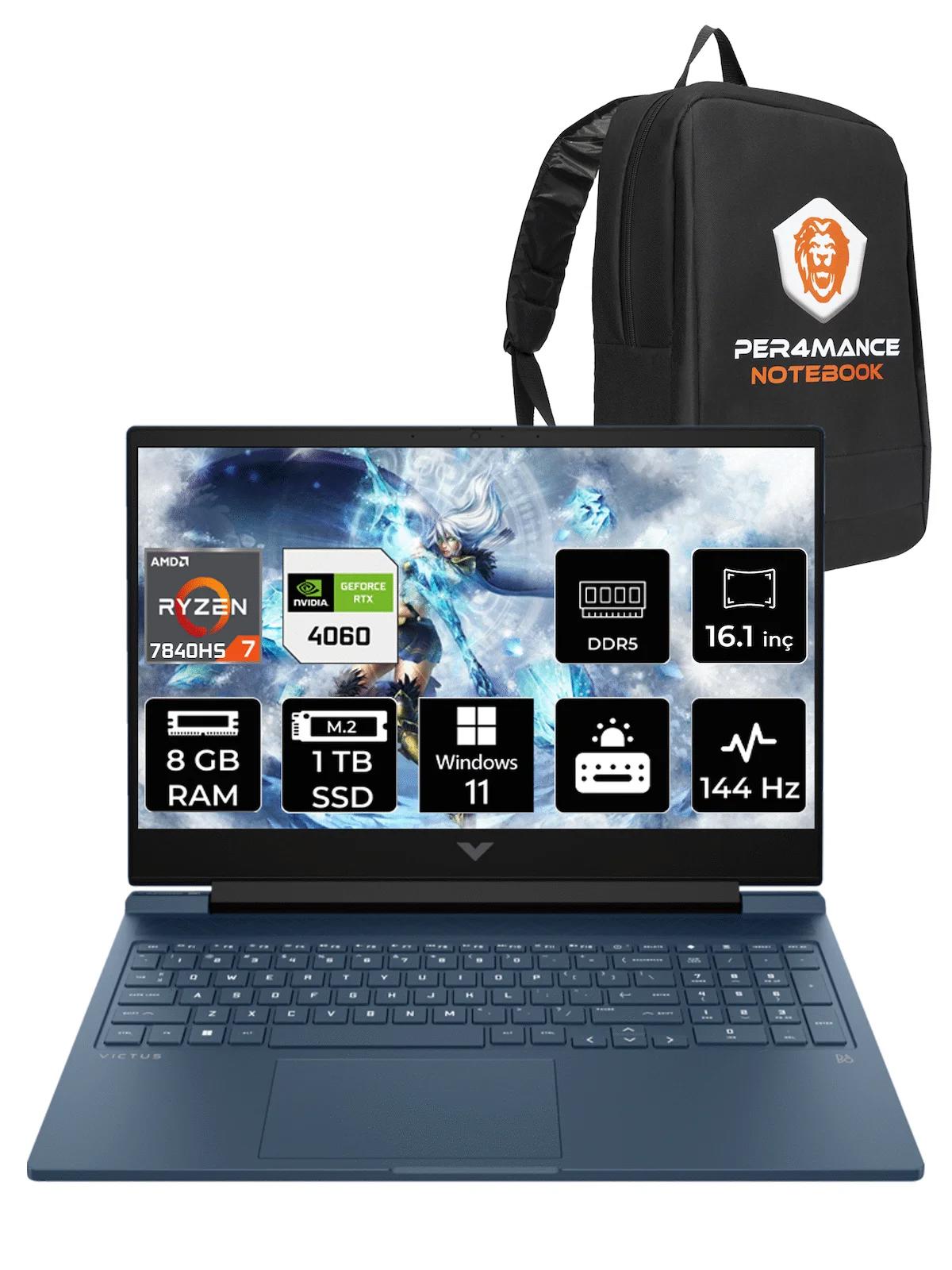 HP Victus 16 7Z586EA Harici GeForce RTX 4060 AMD Ryzen 7 7840HS 8 GB Ram 1 TB SSD 16.1 inç Full HD Windows 11 Home Oyuncu Laptop + PER4 Çanta