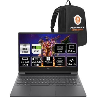 HP Victus 16 9J259EAPN331 Harici GeForce RTX 4050 Intel Core i5 14500HX 64 GB Ram 256 GB SSD 16.1 inç Full HD Windows 11 Home Oyuncu Laptop + PER4 Çanta
