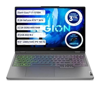 Lenovo Legion 5 15IAH7H 82RB00DCTX32 Harici GeForce RTX 3070 Intel Core i7 12700H 32 GB Ram 512 GB SSD 15.6 inç Full HD FreeDos Oyuncu Laptop