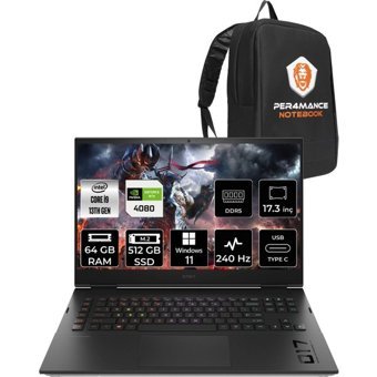 HP Omen 17 892R1EAPN386 Harici GeForce RTX 4080 Intel Core i9 13900HX 64 GB Ram 512 GB SSD 17.3 inç QHD Windows 11 Home Oyuncu Laptop + PER4 Çanta