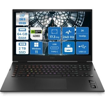 HP Omen 17 CK2005NT Harici GeForce RTX 4080 Intel Core i9 13900HX 64 GB Ram 2 TB SSD 17.3 inç QHD Windows 11 Pro Oyuncu Laptop