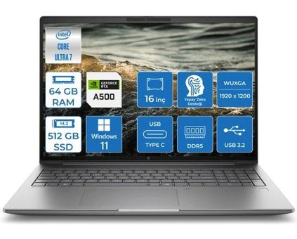 HP Zbook Power G11 886B48EA07 Harici GeForce RTX 500 Intel Core Series 1 155U 64 GB DDR5 Ram 512 GB SSD 16 inç Full HD Windows 11 Pro Oyuncu Laptop