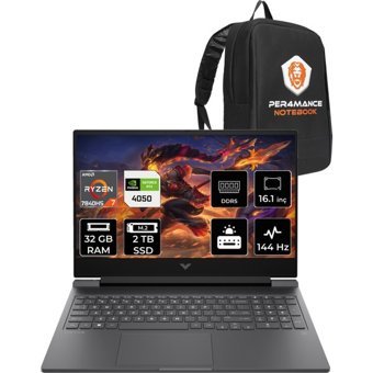 HP Victus 16 892P9EAPN324 Harici GeForce RTX 4050 AMD Ryzen 7 7840HS 32 GB Ram 2 TB SSD 16.1 inç Full HD FreeDos Oyuncu Laptop + PER4 Çanta