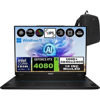 MSI Stealth 18 AI Studio A1VHG035TRP01 Harici GeForce RTX 4080 Intel Core Ultra 9 185H 32 GB Ram 2 TB SSD 18 inç Uhd Windows 11 Pro Oyuncu Laptop + Zetta Çanta