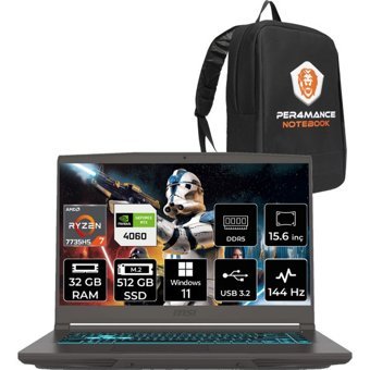 MSI Thin A15 B7VF-075XTR B7VF075XTRP357 Harici GeForce RTX 4060 AMD Ryzen 7 7735HS 32 GB Ram 512 GB SSD 15.6 inç Full HD Windows 11 Home Oyuncu Laptop + PER4 Çanta