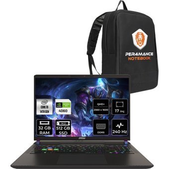 MSI Vector 17 HX A14VFG228TRP317 Harici GeForce RTX 4060 Intel Core i9 14900HX 32 GB Ram 512 GB SSD 17 inç QHD FreeDos Oyuncu Laptop + PER4 Çanta