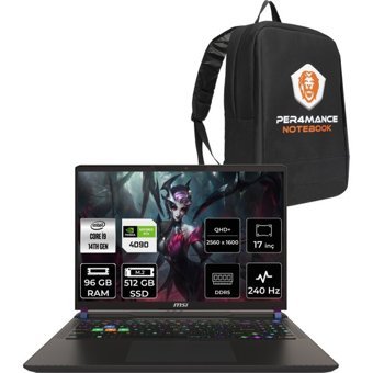 MSI Vector 17 HX A14VIG879XTRP337 Harici GeForce RTX 4090 Intel Core i9 14900HX 96 GB Ram 512 GB SSD 17 inç QHD FreeDos Oyuncu Laptop + PER4 Çanta