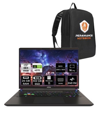 MSI Vector 16 HX A14VGG-271TR Harici GeForce RTX 4070 Intel Core i9 14900HX 24 GB Ram 512 GB SSD 16 inç QHD Windows 11 Home Oyuncu Laptop + PER4 Çanta