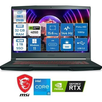 MSI Thin GF63 12VE-082XTR-K03 Harici GeForce RTX 4050 Intel Core i5 12450H 32 GB DDR4 Ram 1 TB SSD 15.6 inç Full HD Windows 11 Pro Oyuncu Laptop