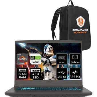 MSI Thin A15 B7VF-075XTR B7VF075XTRP310 Harici GeForce RTX 4060 AMD Ryzen 7 7735HS 16 GB Ram 4 TB SSD 15.6 inç Full HD FreeDos Oyuncu Laptop + PER4 Çanta
