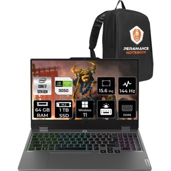 Lenovo LOQ 83DV00G5TRP413 Harici GeForce RTX 3050 Intel Core i7 13650HX 64 GB Ram 1 TB SSD 15.6 inç Full HD Windows 11 Pro Oyuncu Laptop + PER4 Çanta